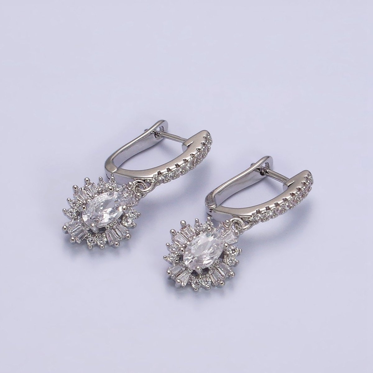 16K Gold Filled Clear Celestial Oval Baguette Drop Micro Paved English Lock Earrings in Gold & Silver | AD-419 AD-420