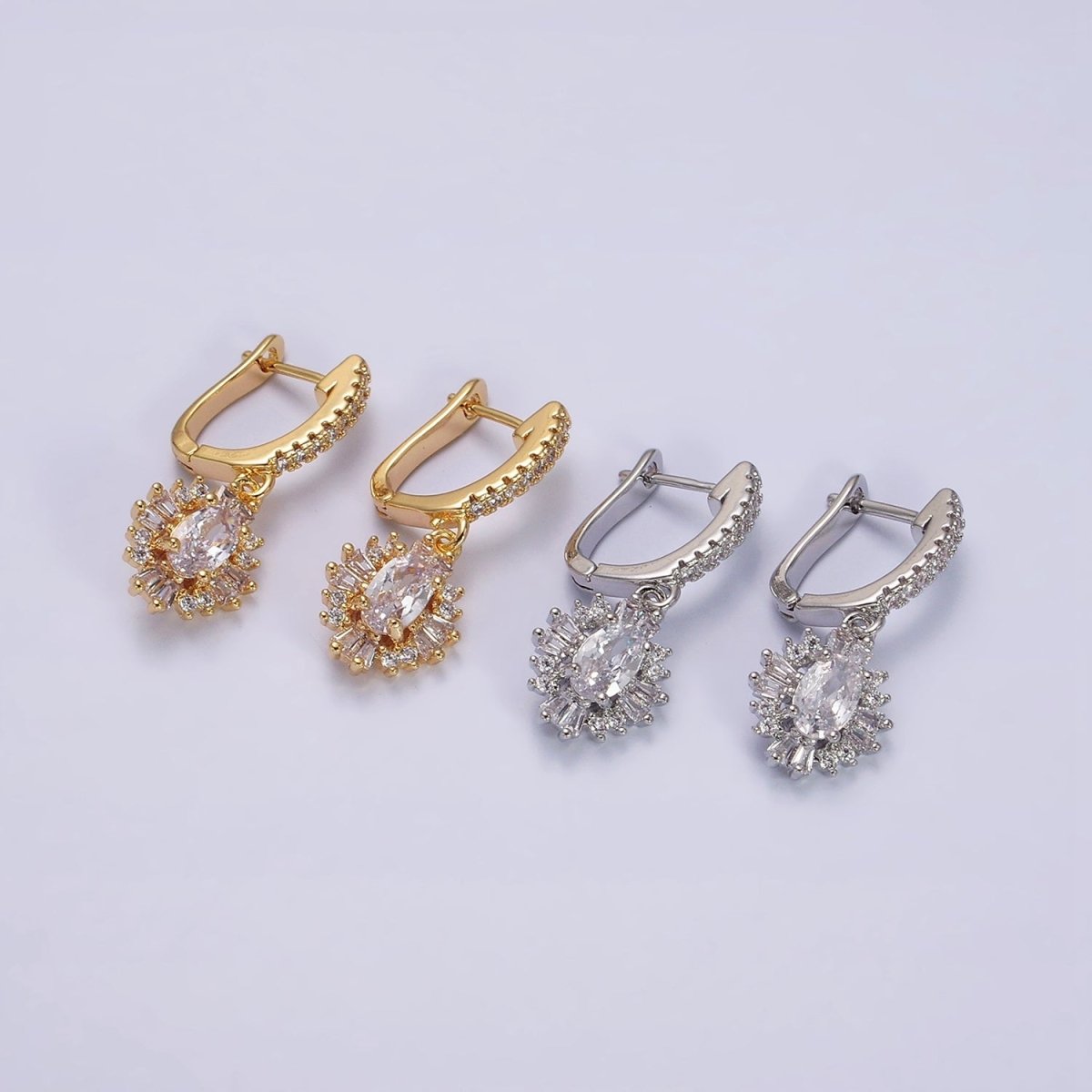 16K Gold Filled Clear Celestial Oval Baguette Drop Micro Paved English Lock Earrings in Gold & Silver | AD-419 AD-420
