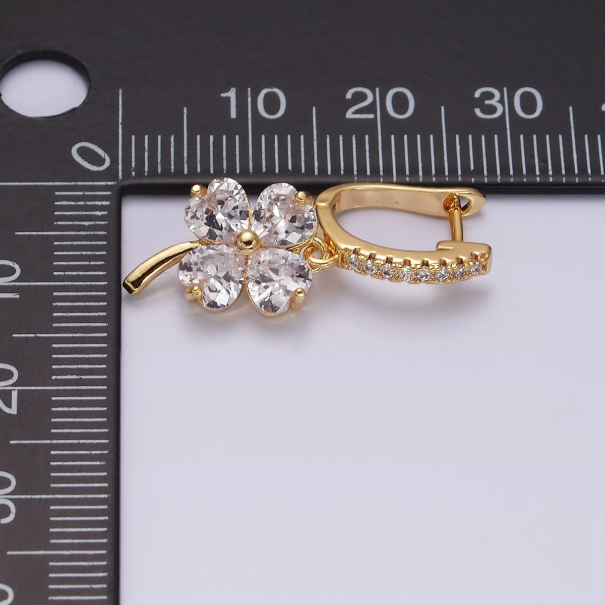 16K Gold Filled Clear Clover Quatrefoil Leaf Drop Micro Paved English Lock Earrings in Gold & Silver | AD-411 AD-412