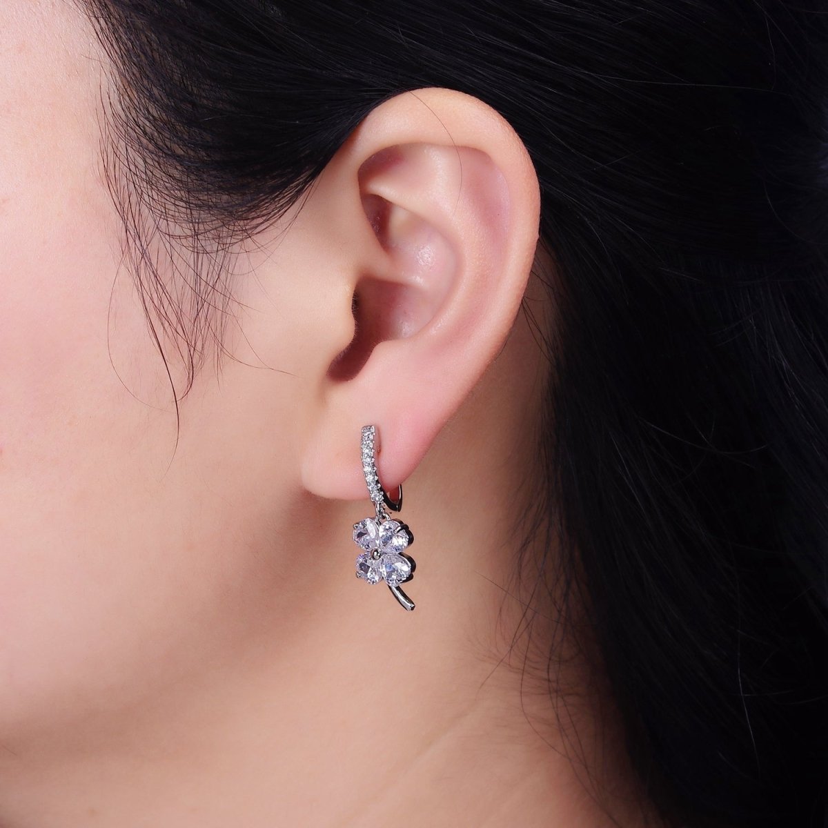 16K Gold Filled Clear Clover Quatrefoil Leaf Drop Micro Paved English Lock Earrings in Gold & Silver | AD-411 AD-412