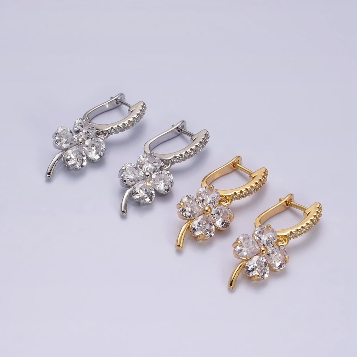 16K Gold Filled Clear Clover Quatrefoil Leaf Drop Micro Paved English Lock Earrings in Gold & Silver | AD-411 AD-412