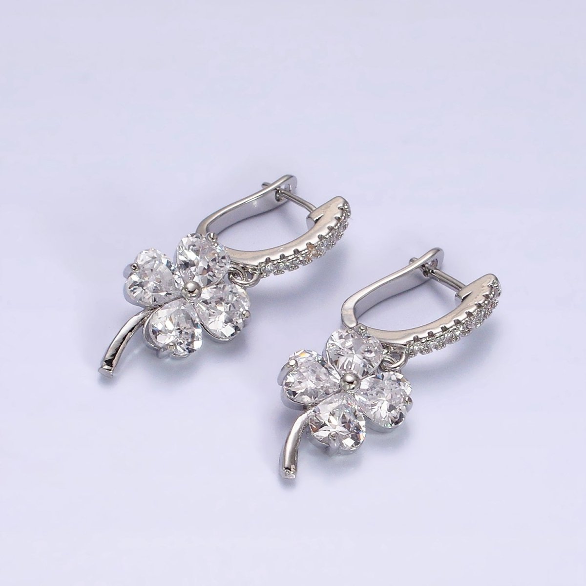 16K Gold Filled Clear Clover Quatrefoil Leaf Drop Micro Paved English Lock Earrings in Gold & Silver | AD-411 AD-412