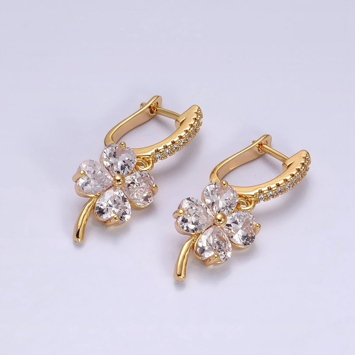 16K Gold Filled Clear Clover Quatrefoil Leaf Drop Micro Paved English Lock Earrings in Gold & Silver | AD-411 AD-412