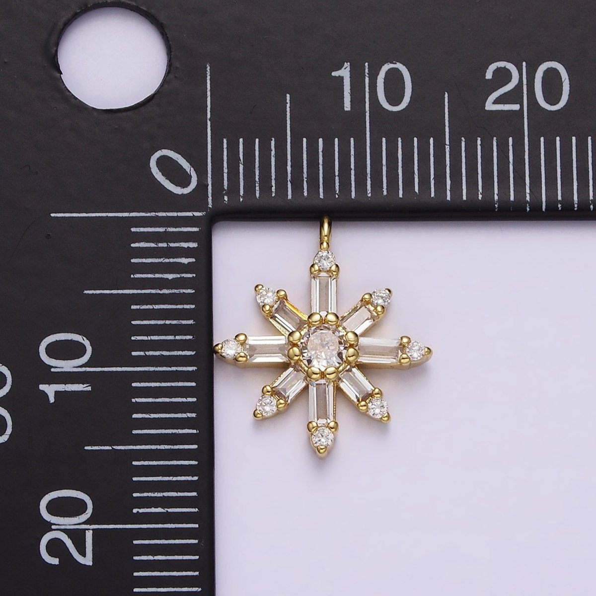 16K Gold Filled Clear CZ Baguette Celestial Sun Flower Charm | N962