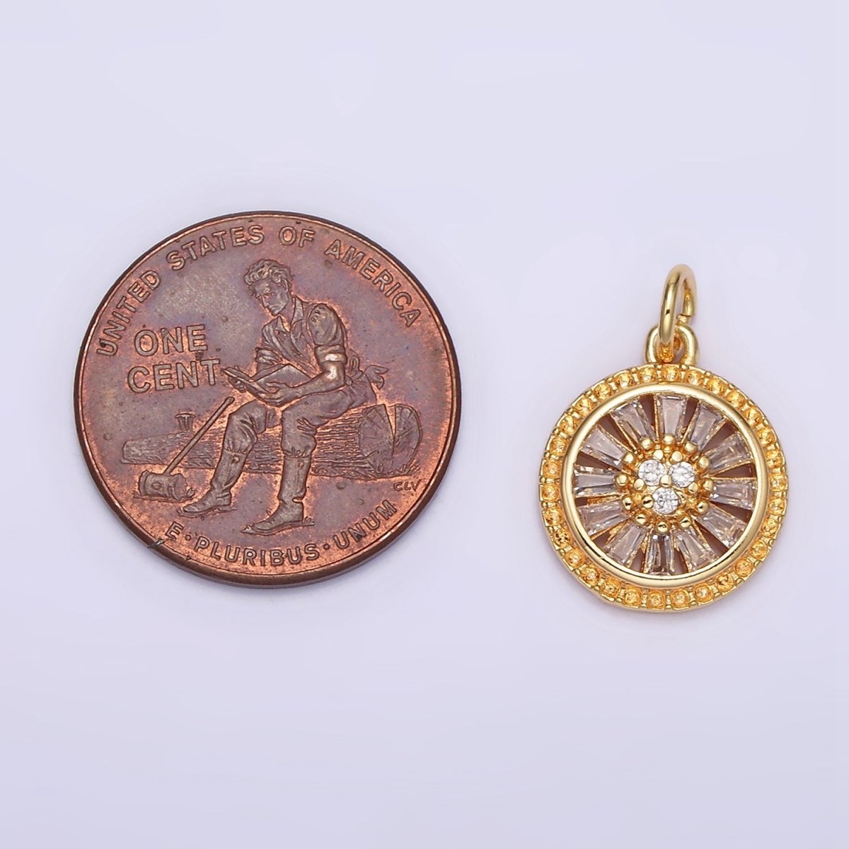 16K Gold Filled Clear CZ Baguette Open Dotted Outline Round Charm | N939