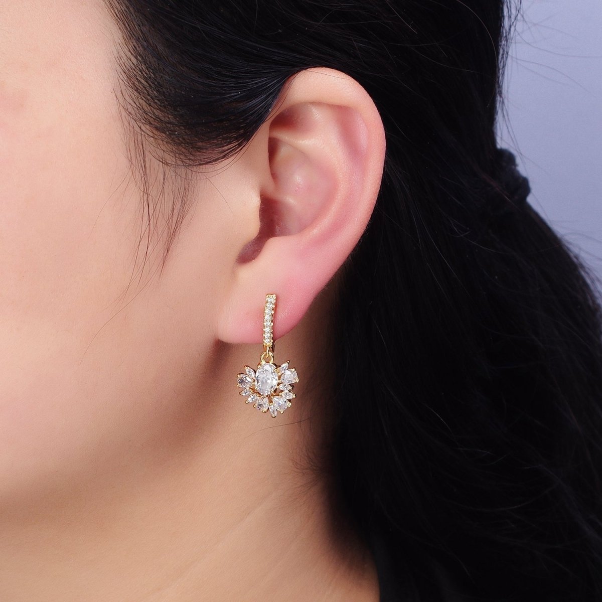 16K Gold Filled Clear CZ Celestial Sunburst Micro Paved English Lock Earrings in Gold & Silver | AD835 AD836