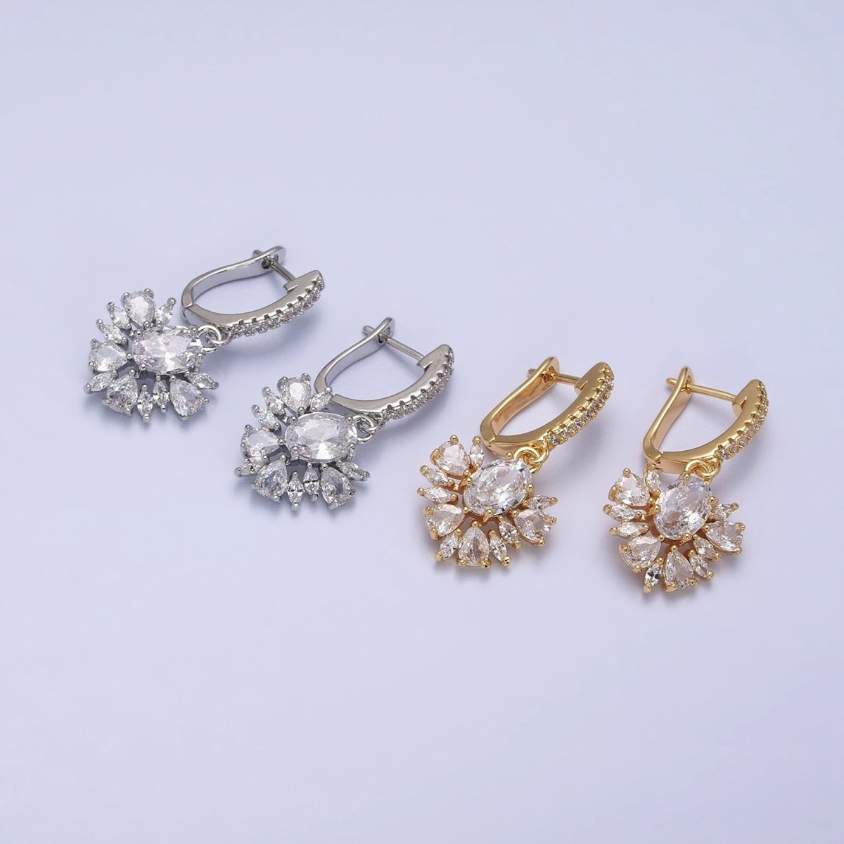 16K Gold Filled Clear CZ Celestial Sunburst Micro Paved English Lock Earrings in Gold & Silver | AD835 AD836