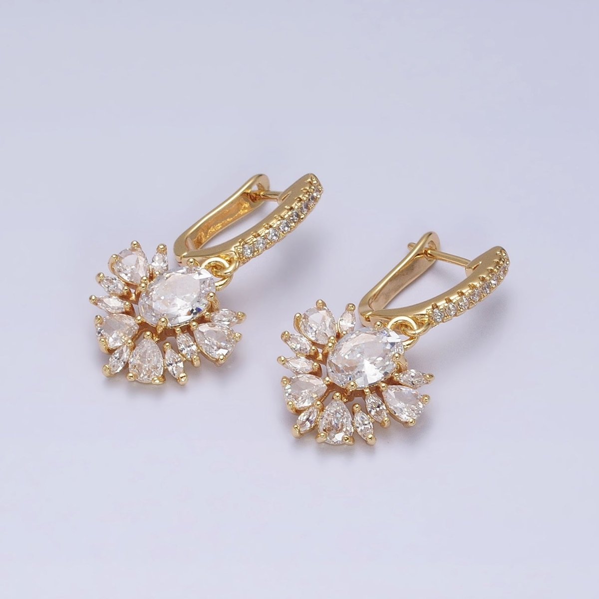 16K Gold Filled Clear CZ Celestial Sunburst Micro Paved English Lock Earrings in Gold & Silver | AD835 AD836