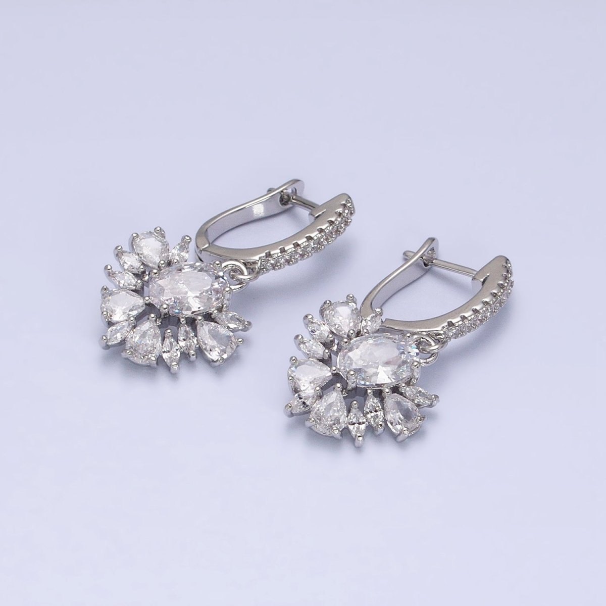 16K Gold Filled Clear CZ Celestial Sunburst Micro Paved English Lock Earrings in Gold & Silver | AD835 AD836