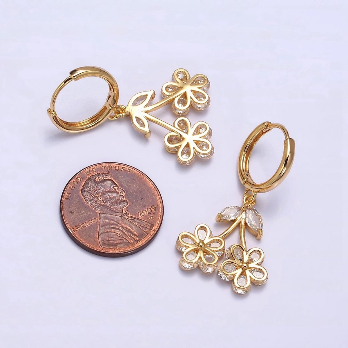 16K Gold Filled Clear CZ Cherry Flower Drop Huggie Earrings | AE830