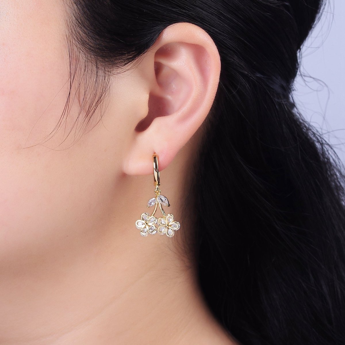 16K Gold Filled Clear CZ Cherry Flower Drop Huggie Earrings | AE830