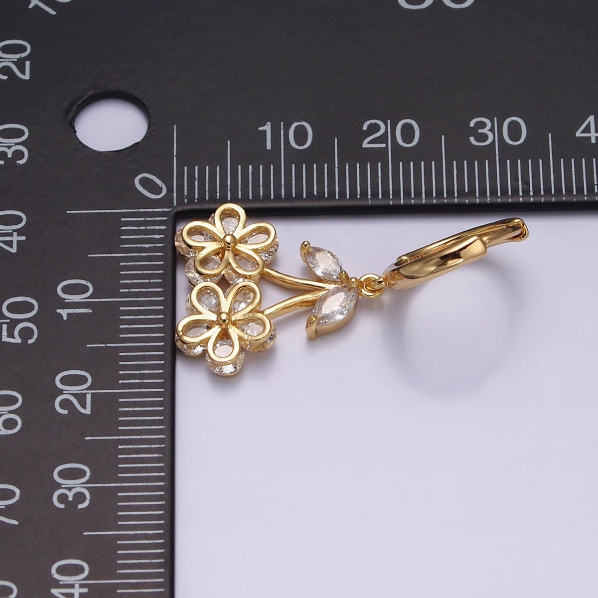 16K Gold Filled Clear CZ Cherry Flower Drop Huggie Earrings | AE830