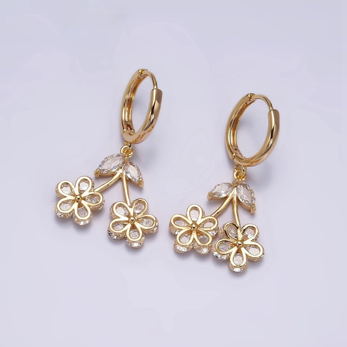 16K Gold Filled Clear CZ Cherry Flower Drop Huggie Earrings | AE830