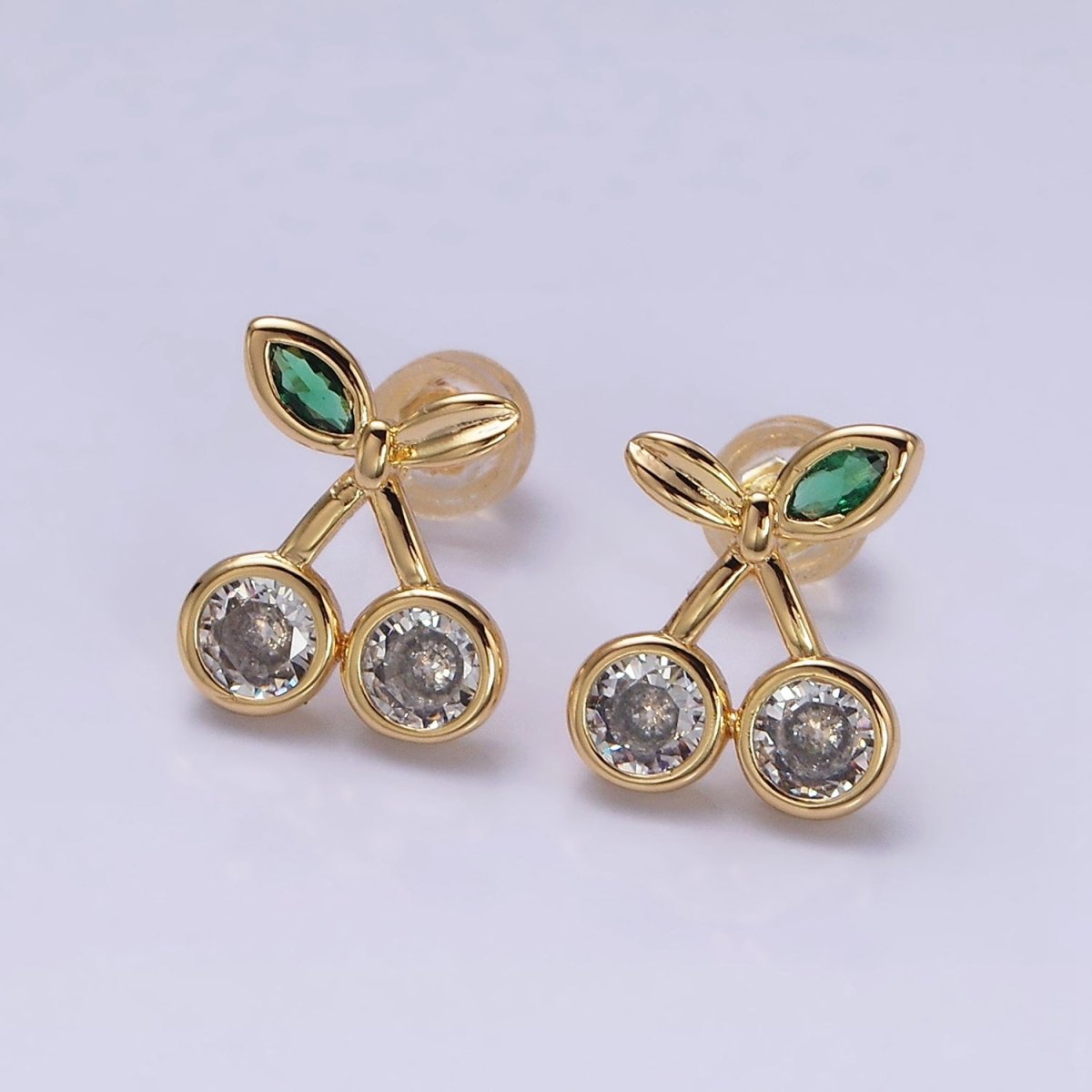 16K Gold Filled Clear CZ Cherry Fruit Green Leaf Stud Earrings in Gold & Silver | AD974 AD975