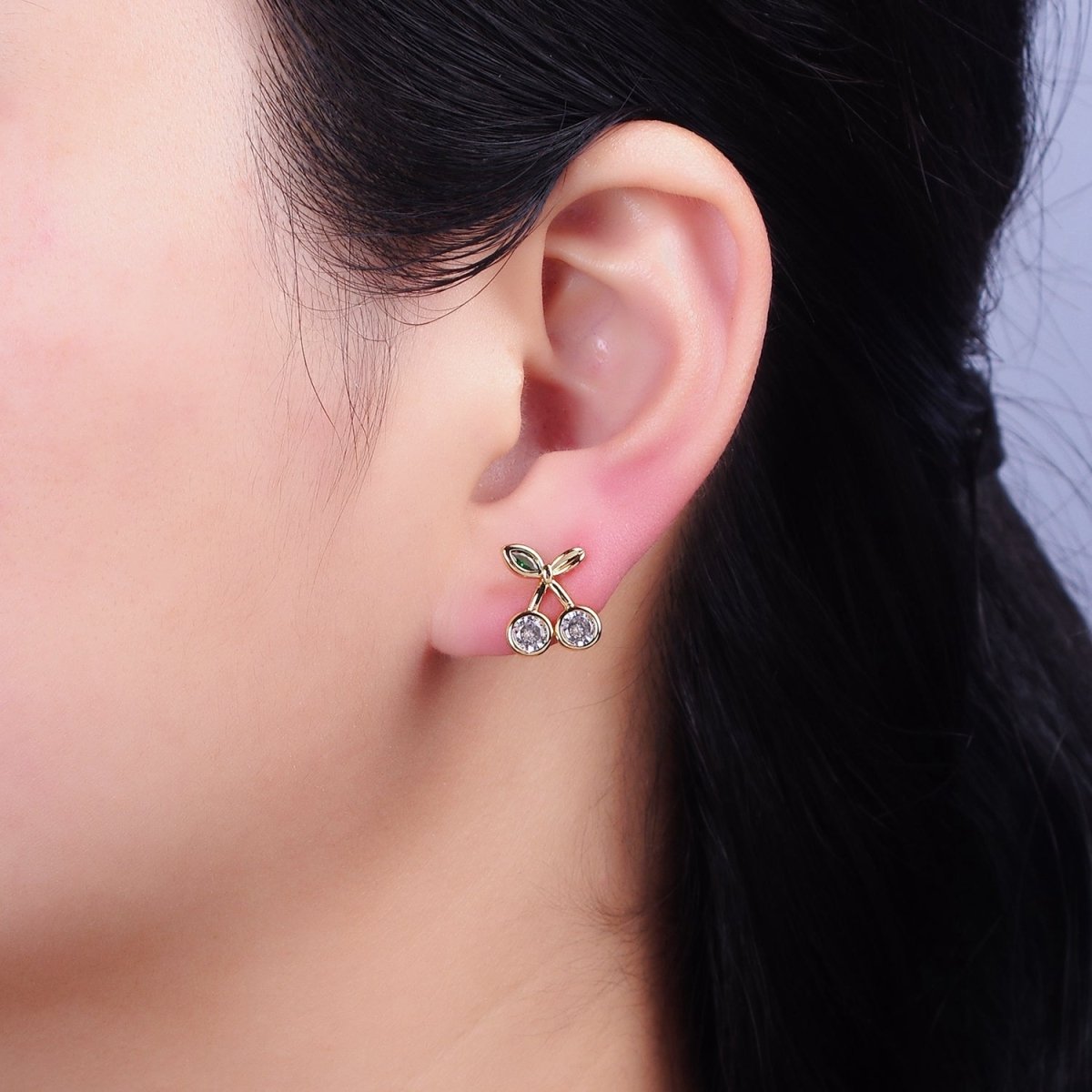 16K Gold Filled Clear CZ Cherry Fruit Green Leaf Stud Earrings in Gold & Silver | AD974 AD975