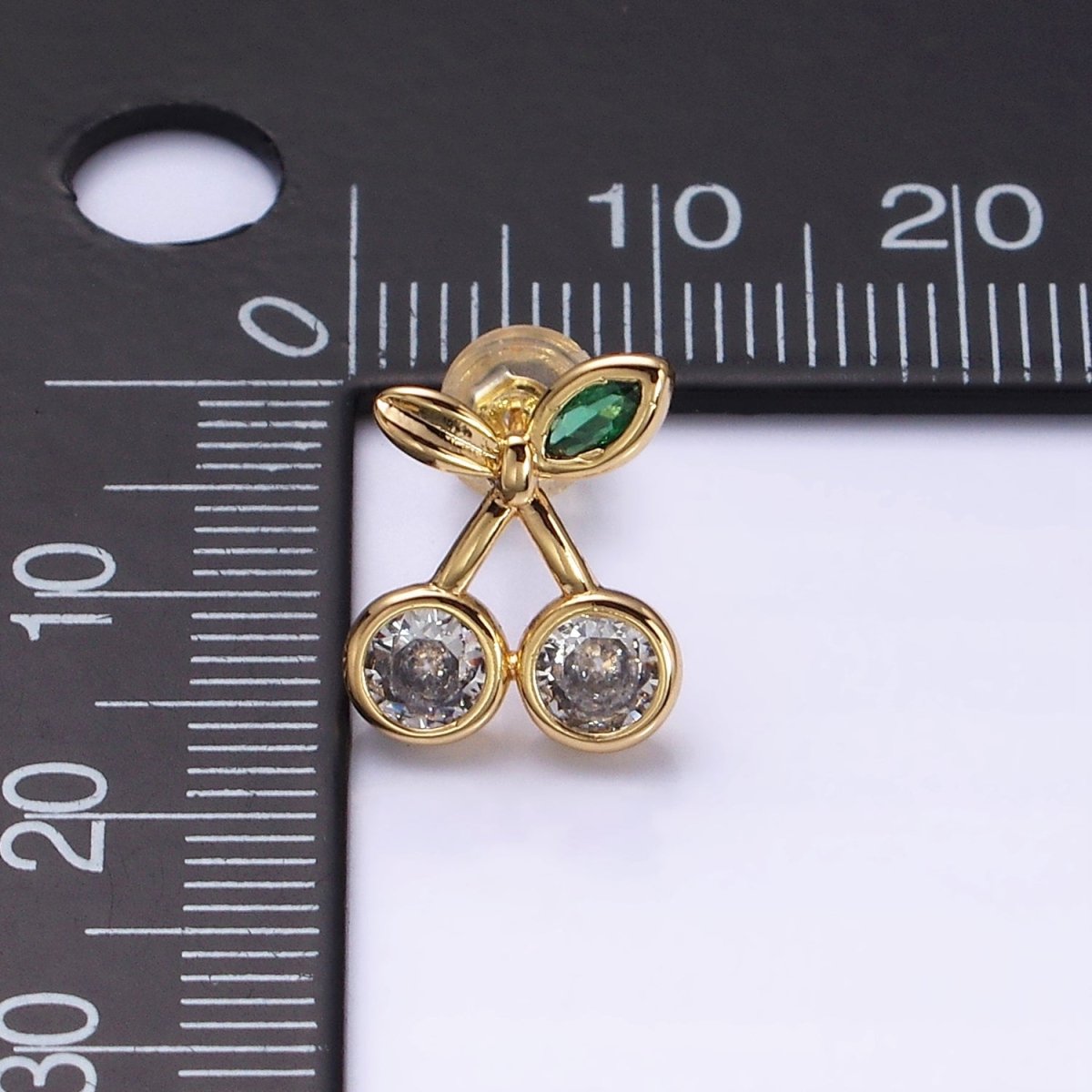 16K Gold Filled Clear CZ Cherry Fruit Green Leaf Stud Earrings in Gold & Silver | AD974 AD975