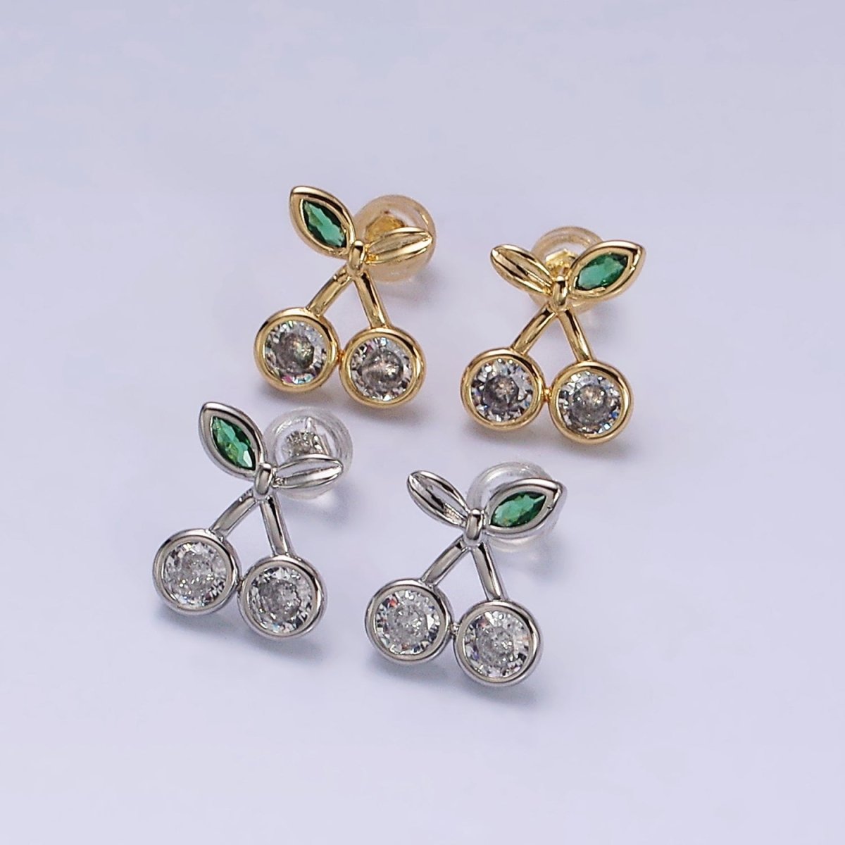16K Gold Filled Clear CZ Cherry Fruit Green Leaf Stud Earrings in Gold & Silver | AD974 AD975