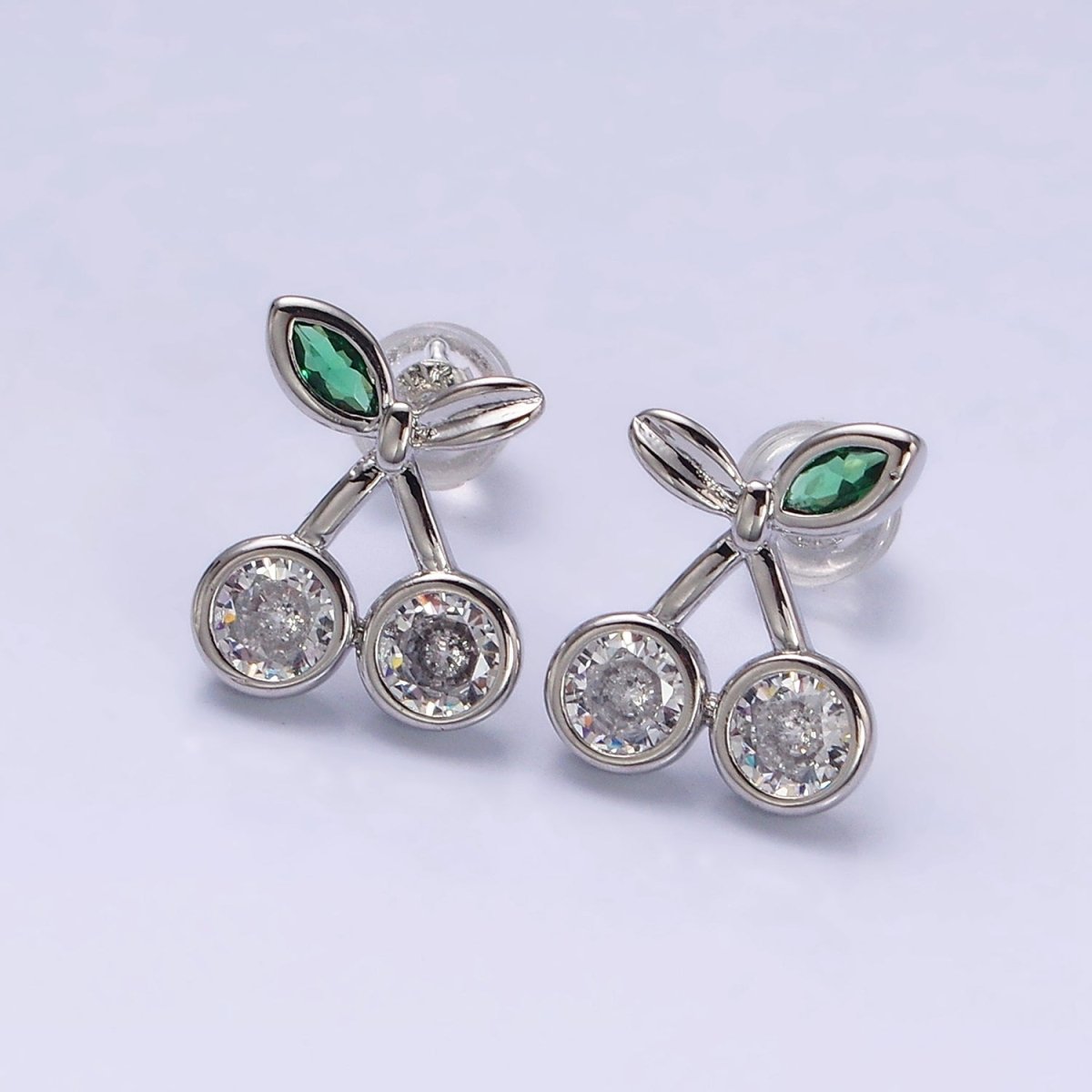 16K Gold Filled Clear CZ Cherry Fruit Green Leaf Stud Earrings in Gold & Silver | AD974 AD975