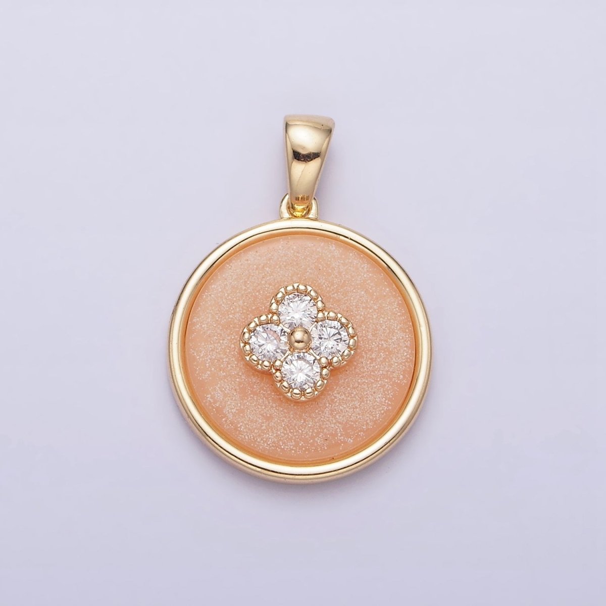 16K Gold Filled Clear CZ Clover Quatrefoil Peach Orange Cat's Eye Pendant | AA536