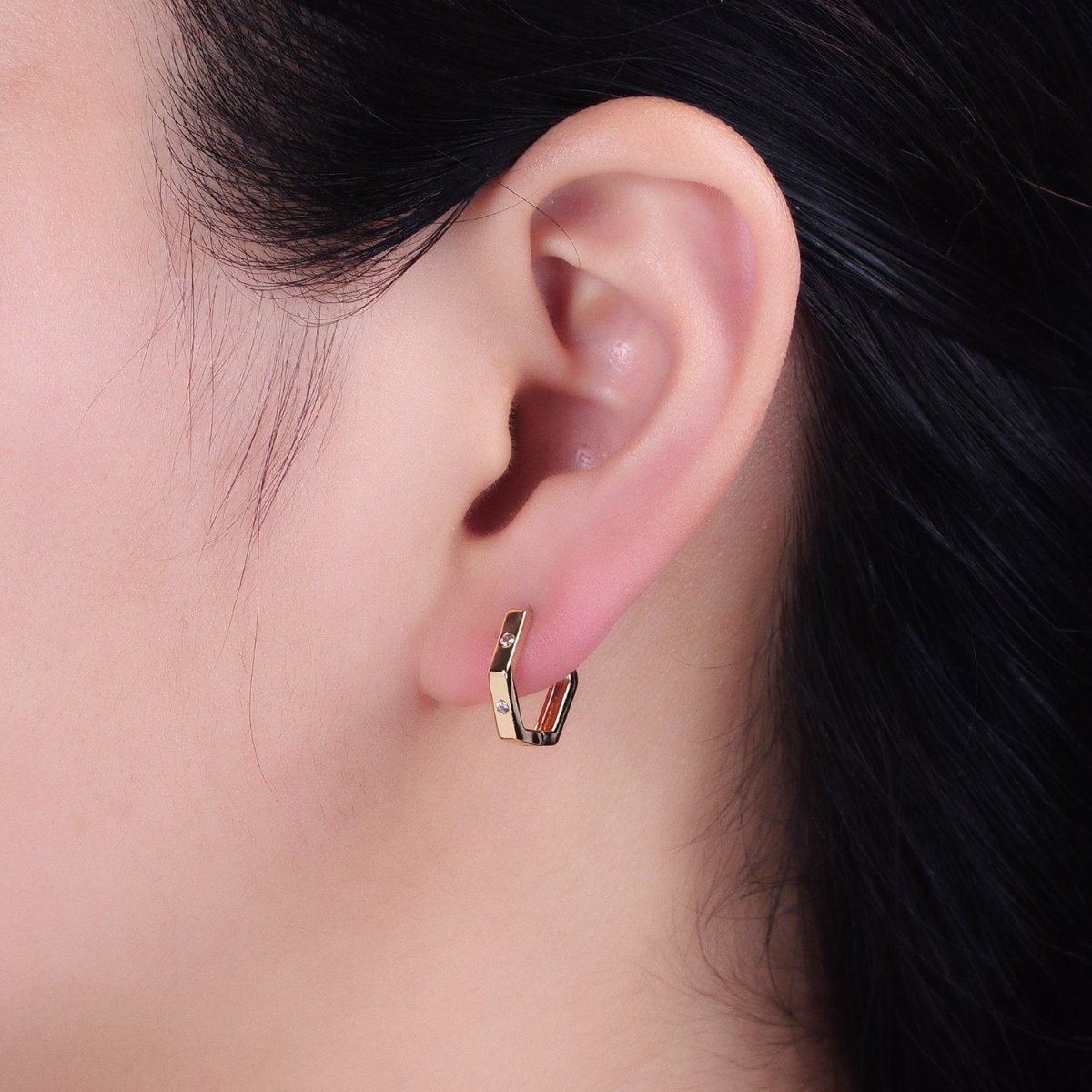 16K Gold Filled Clear CZ Dot Hexagonal Huggie Earrings in Gold & Silver | AB948 AB895