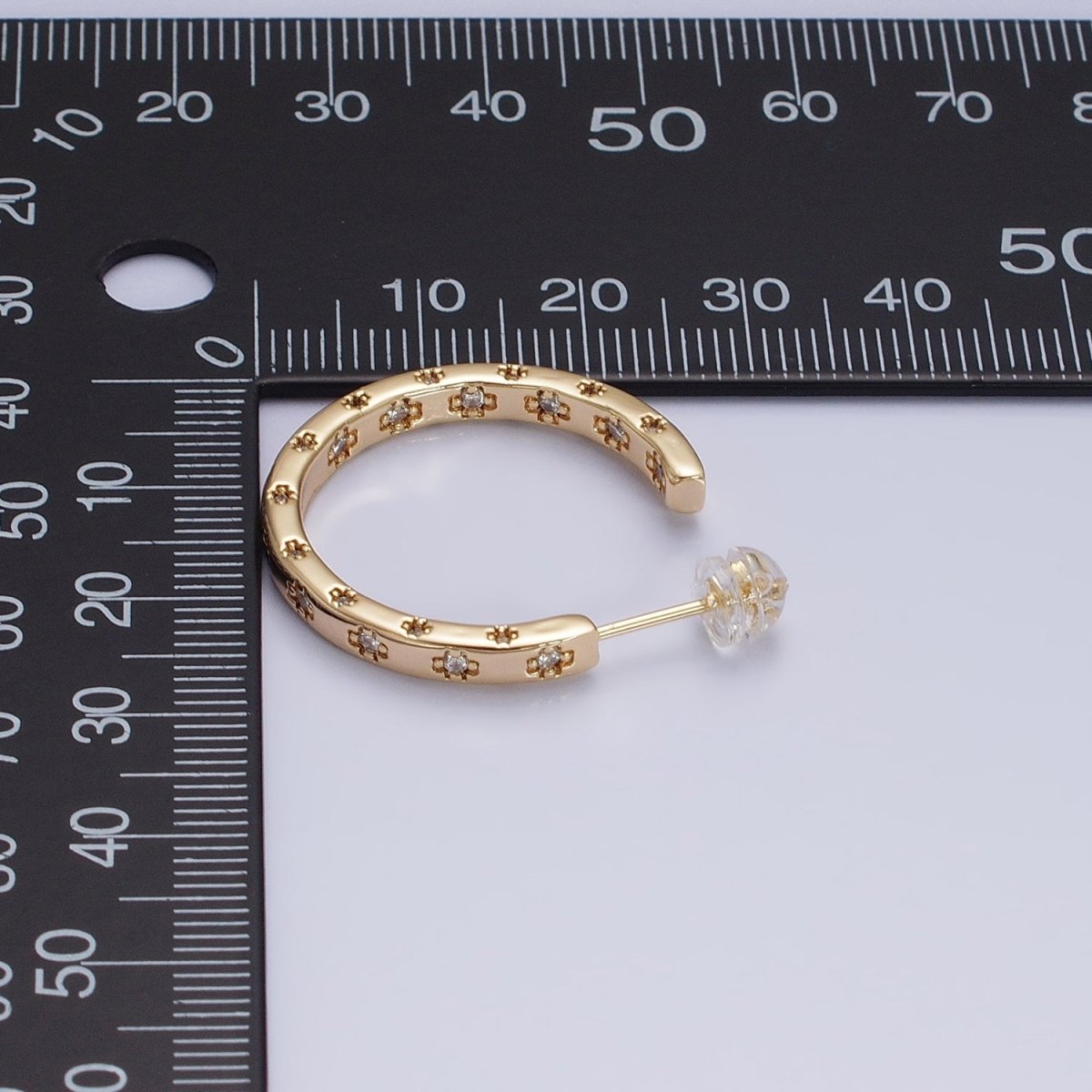 16K Gold Filled Clear CZ Flower Dotted Front-Facing C-Shaped Hoop Earrings in Gold & Silver | AD1302 AD1303
