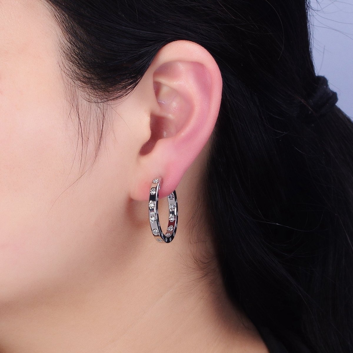 16K Gold Filled Clear CZ Flower Dotted Front-Facing C-Shaped Hoop Earrings in Gold & Silver | AD1302 AD1303