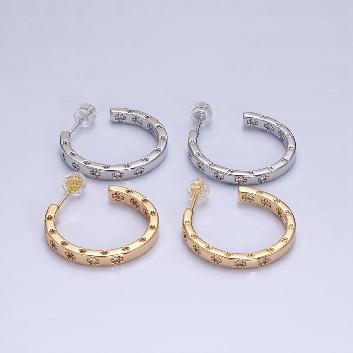 16K Gold Filled Clear CZ Flower Dotted Front-Facing C-Shaped Hoop Earrings in Gold & Silver | AD1302 AD1303