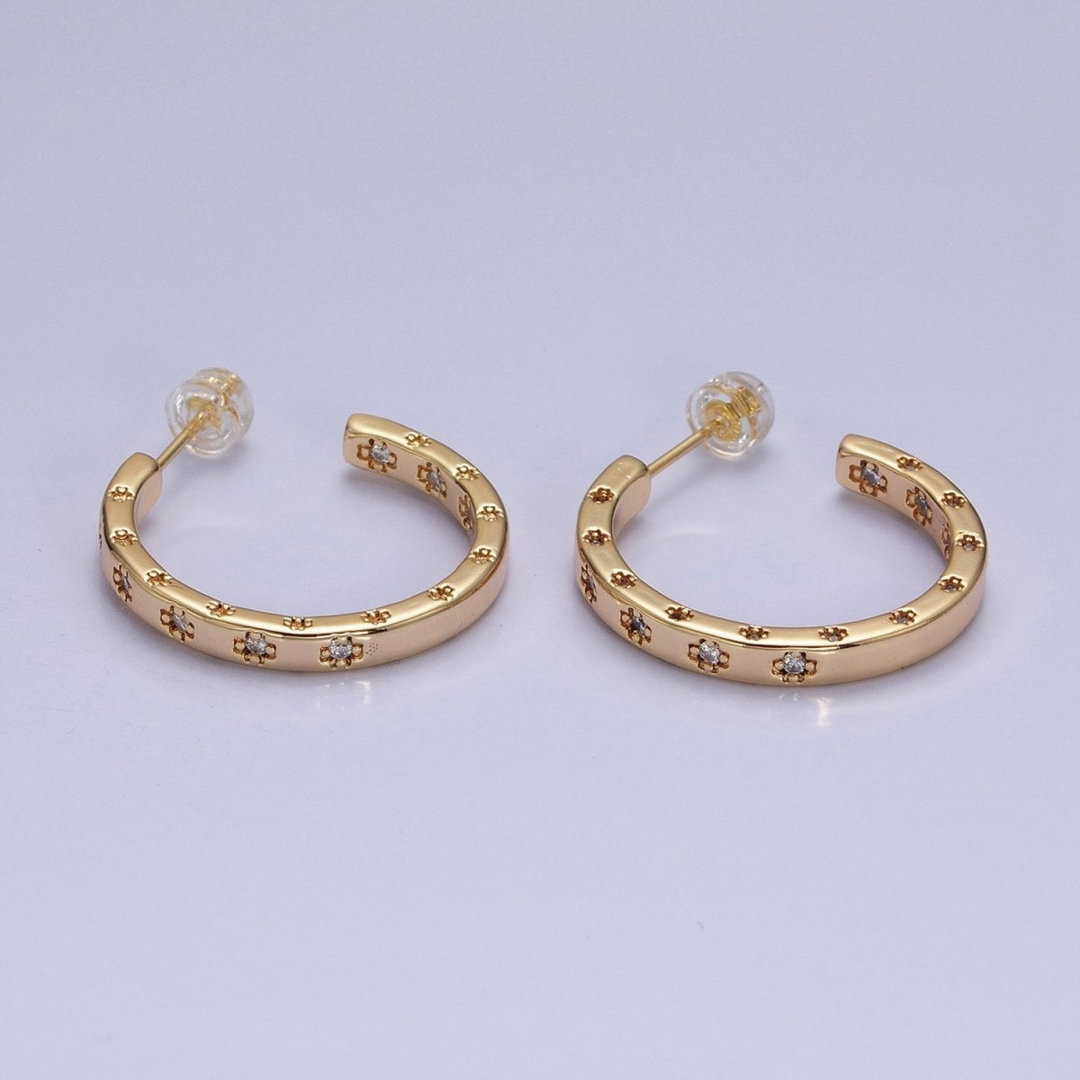 16K Gold Filled Clear CZ Flower Dotted Front-Facing C-Shaped Hoop Earrings in Gold & Silver | AD1302 AD1303