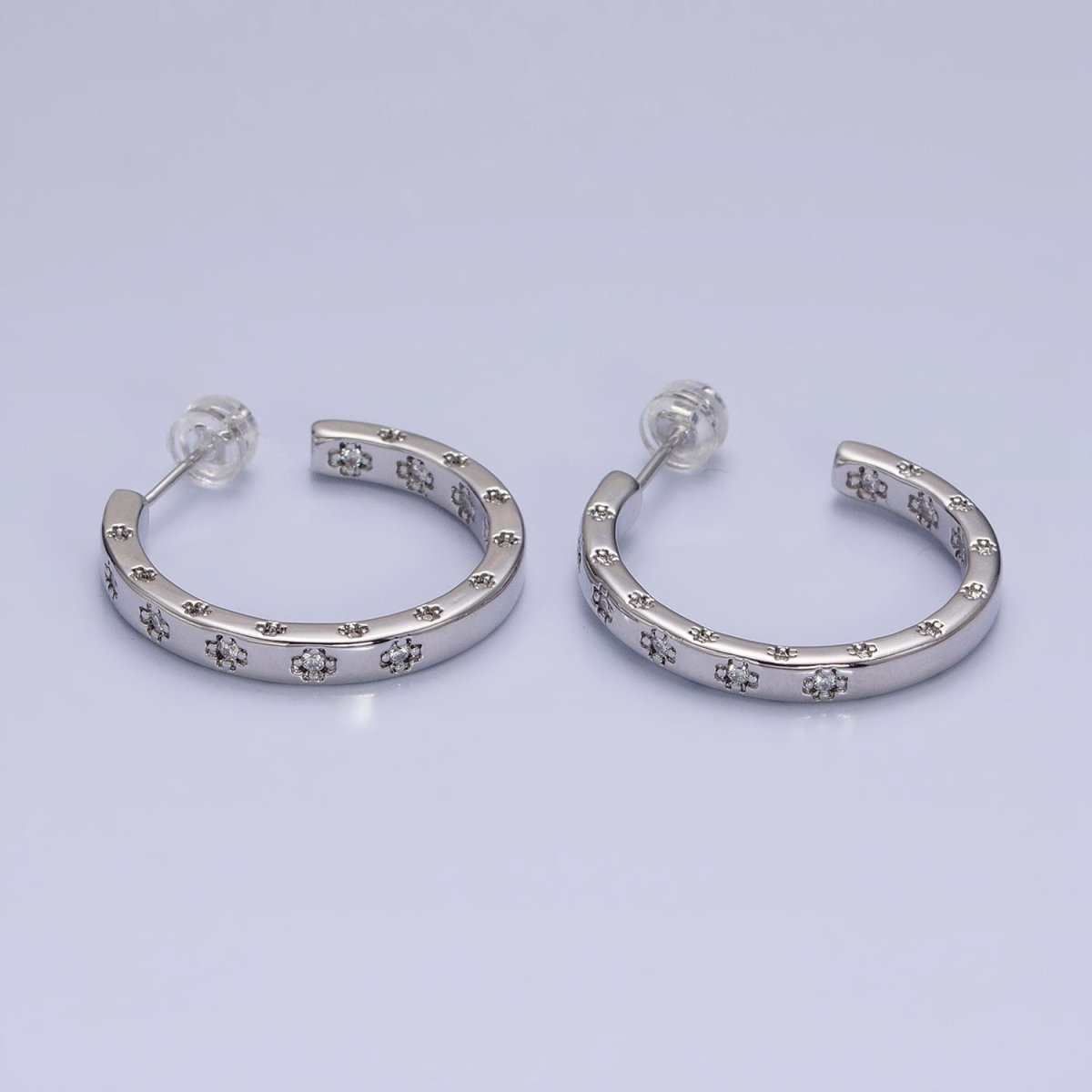 16K Gold Filled Clear CZ Flower Dotted Front-Facing C-Shaped Hoop Earrings in Gold & Silver | AD1302 AD1303