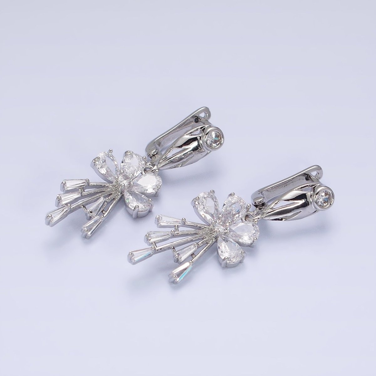 16K Gold Filled Clear CZ Flower Teardrop Baguette Drop English Lock Earrings in Gold & Silver | AD1287 AD1288