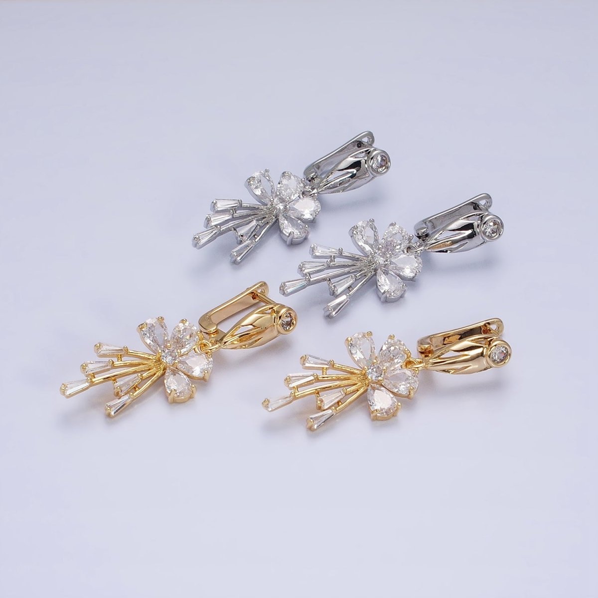 16K Gold Filled Clear CZ Flower Teardrop Baguette Drop English Lock Earrings in Gold & Silver | AD1287 AD1288