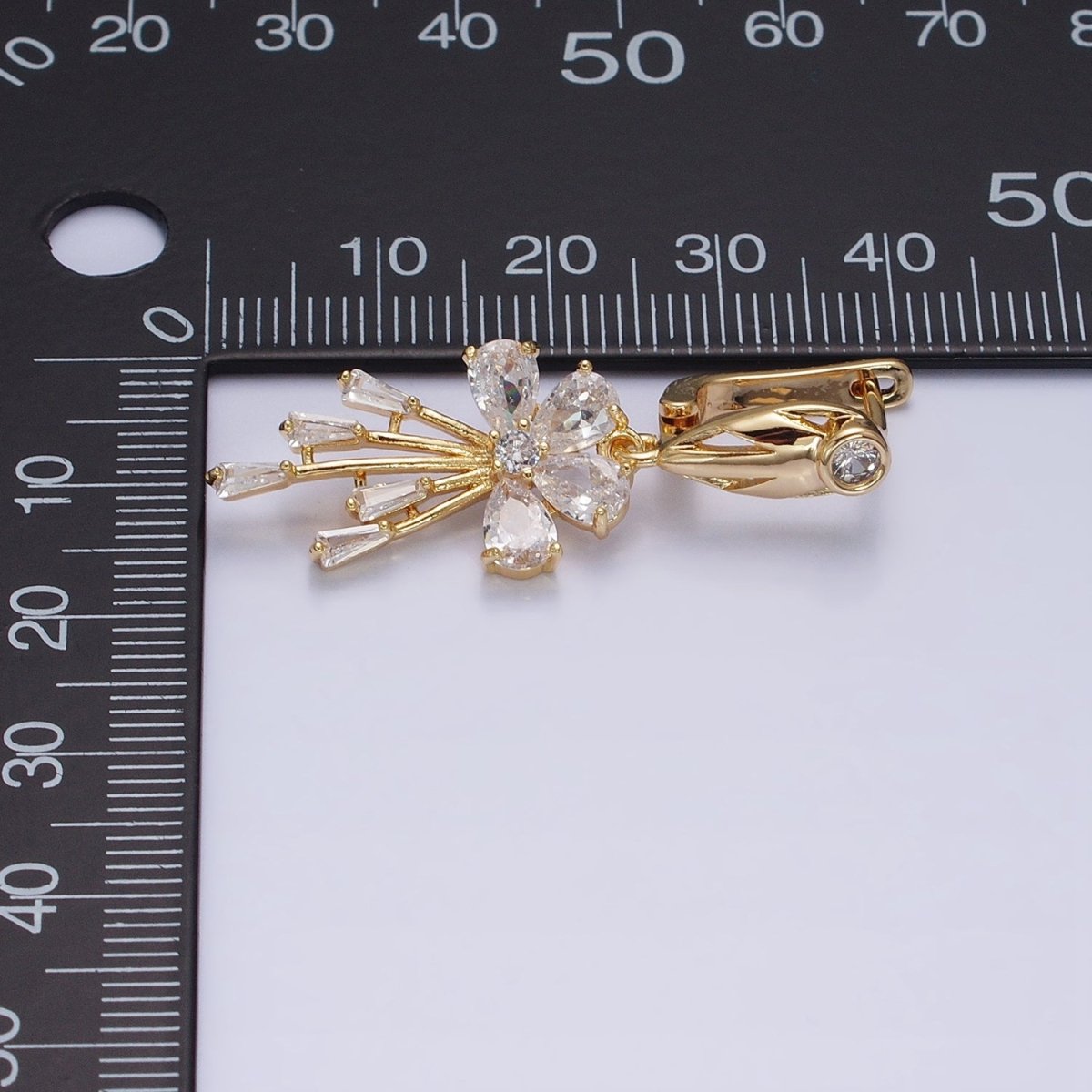 16K Gold Filled Clear CZ Flower Teardrop Baguette Drop English Lock Earrings in Gold & Silver | AD1287 AD1288