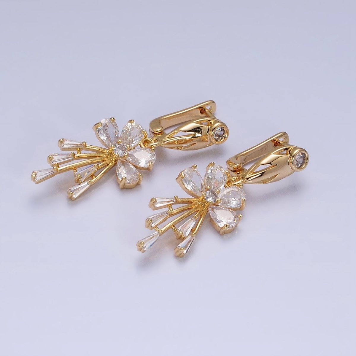 16K Gold Filled Clear CZ Flower Teardrop Baguette Drop English Lock Earrings in Gold & Silver | AD1287 AD1288