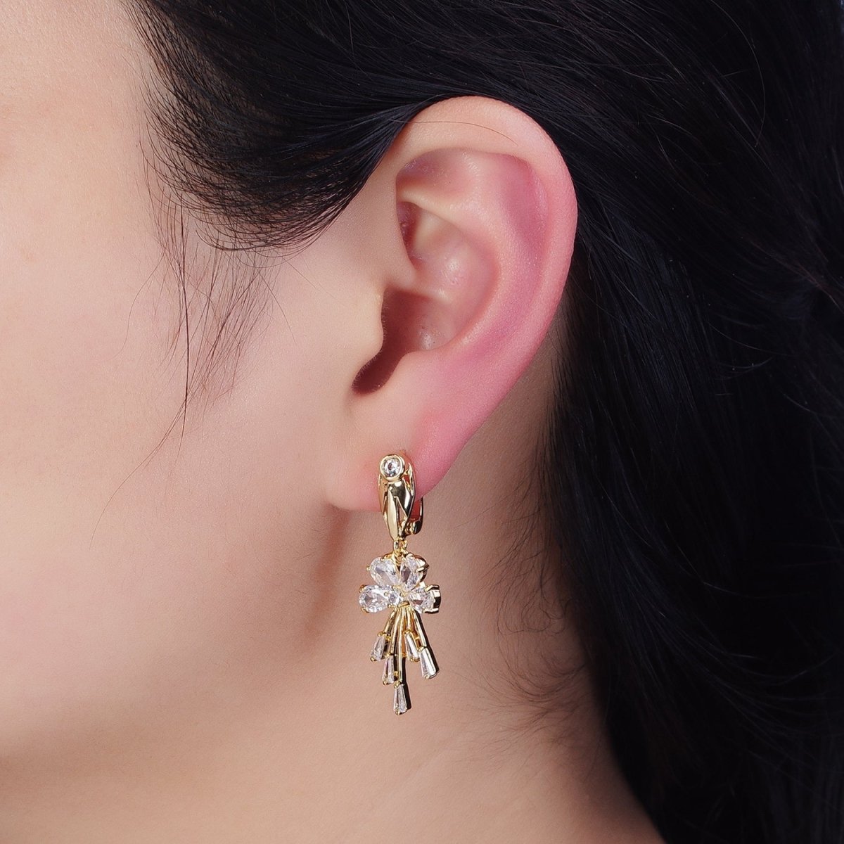 16K Gold Filled Clear CZ Flower Teardrop Baguette Drop English Lock Earrings in Gold & Silver | AD1287 AD1288