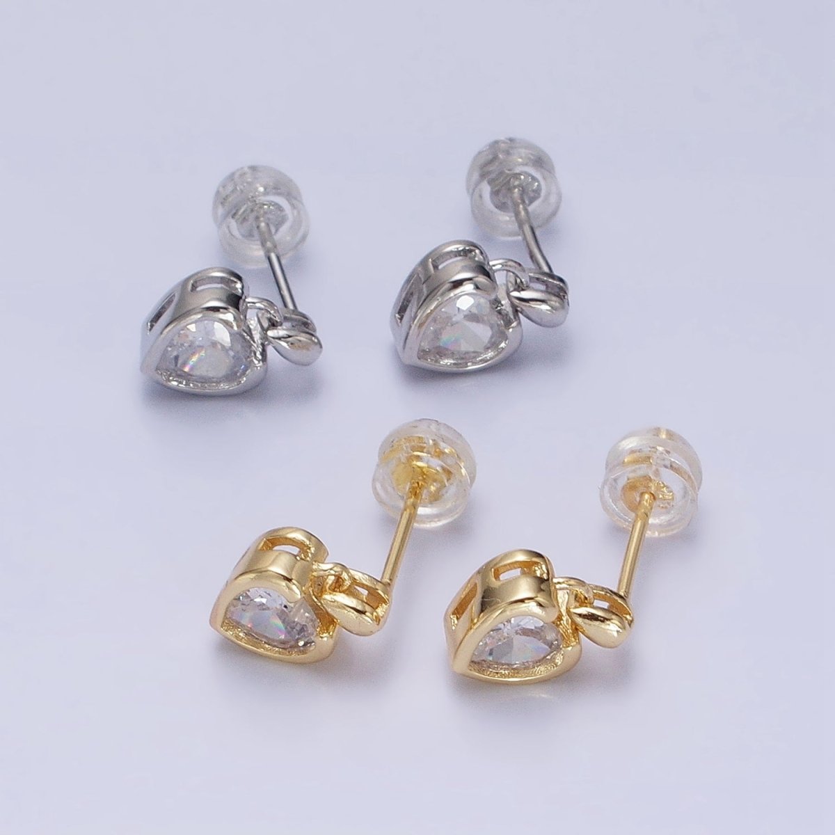 16K Gold Filled Clear CZ Heart Drop Stud Earrings in Gold & Silver | AD843 AD844