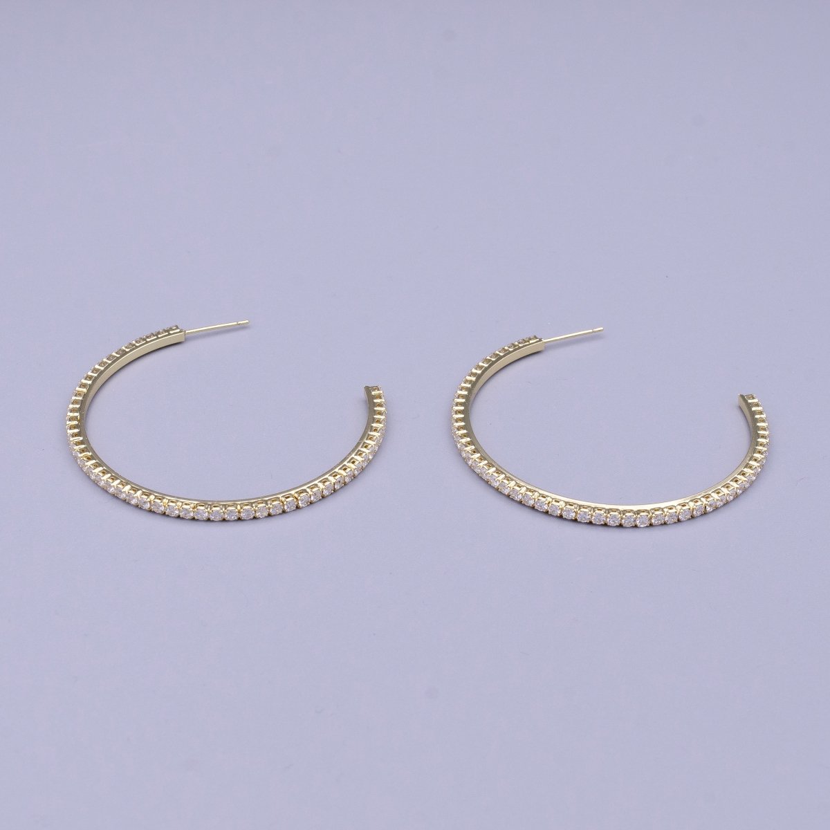 16K Gold Filled Clear CZ Lined C-Shaped Hoop Earrings in Gold & Silver | AE039 AE040