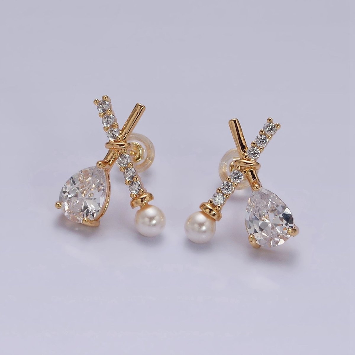 16K Gold Filled Clear CZ Micro Paved X Claw Double Band Stud Earrings | AE842