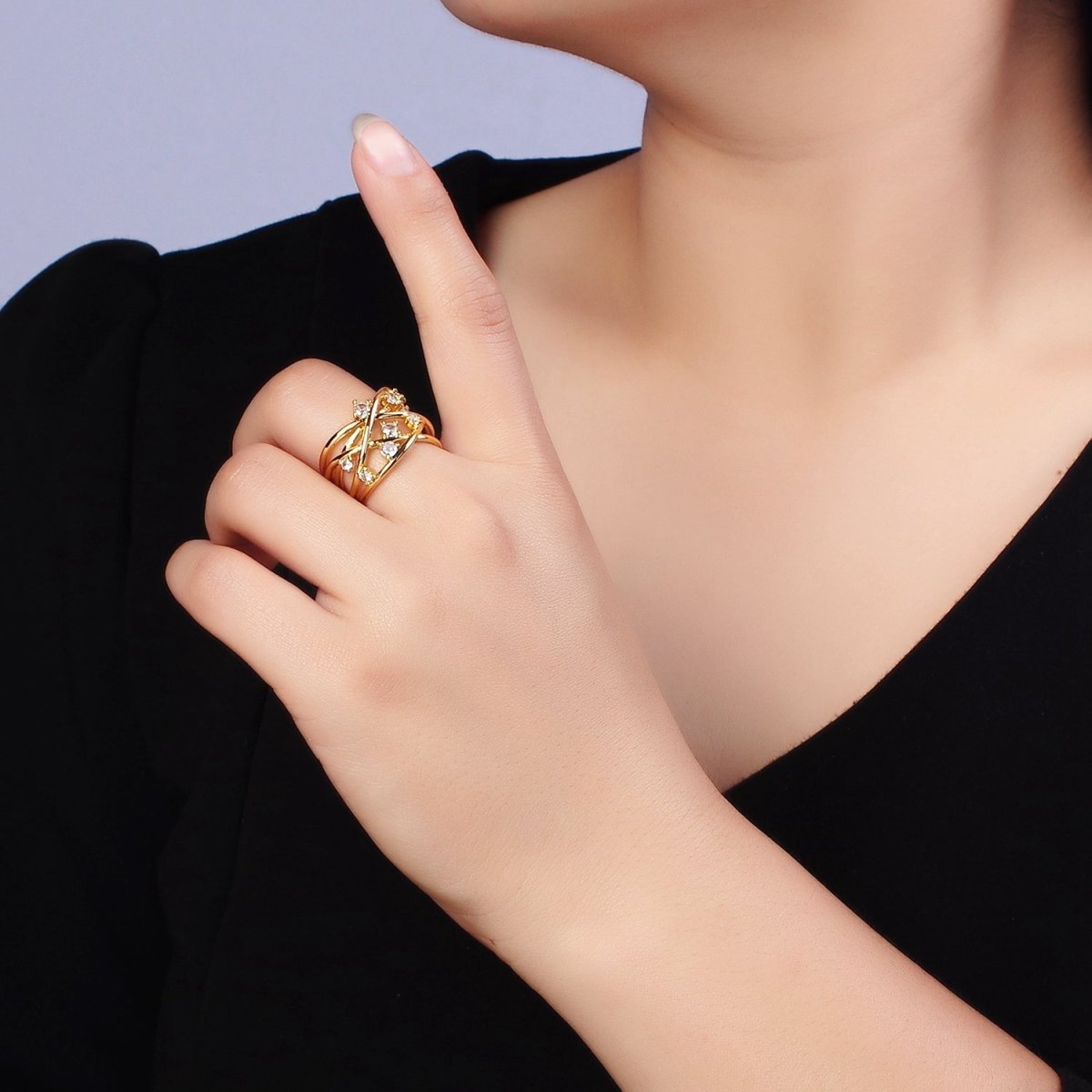 16K Gold Filled Clear CZ Multiple Band Intertwined Statement Ring | O-558