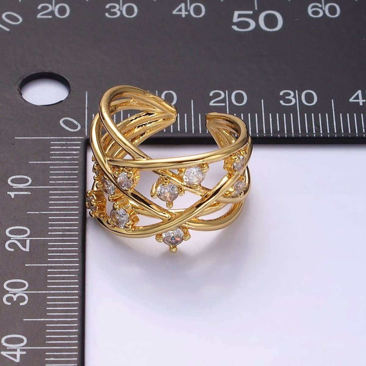 16K Gold Filled Clear CZ Multiple Band Intertwined Statement Ring | O-558