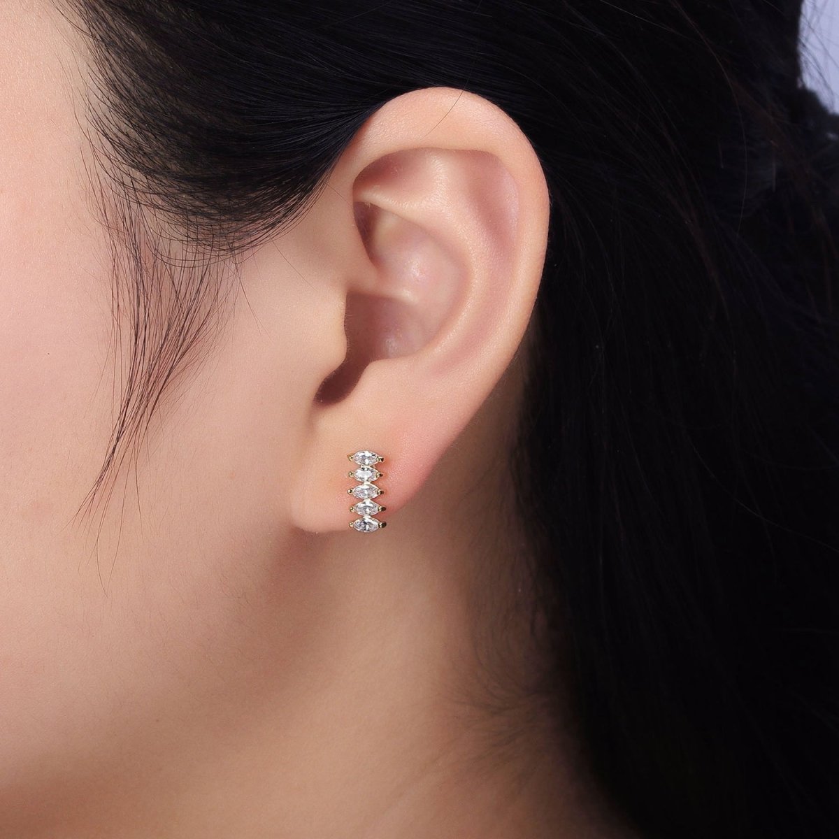 16K Gold Filled Clear CZ Multiple Marquise Lined Mini Stud Earrings | AB389