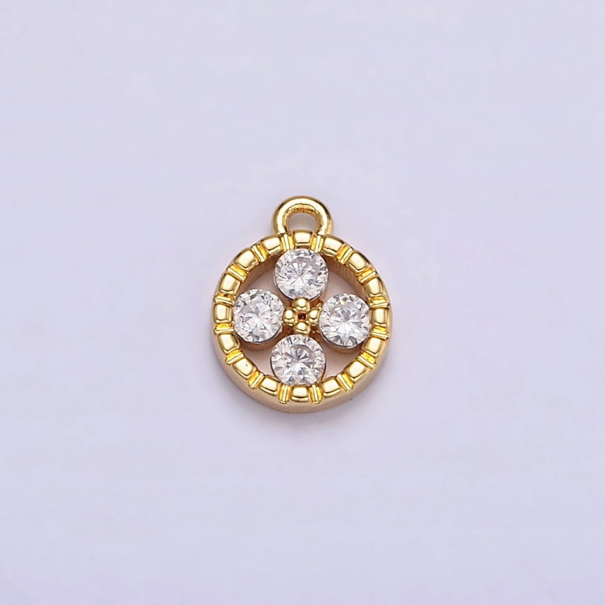 16K Gold Filled Clear CZ Quatrefoil Round Line-Textured Add-On Charm | N958