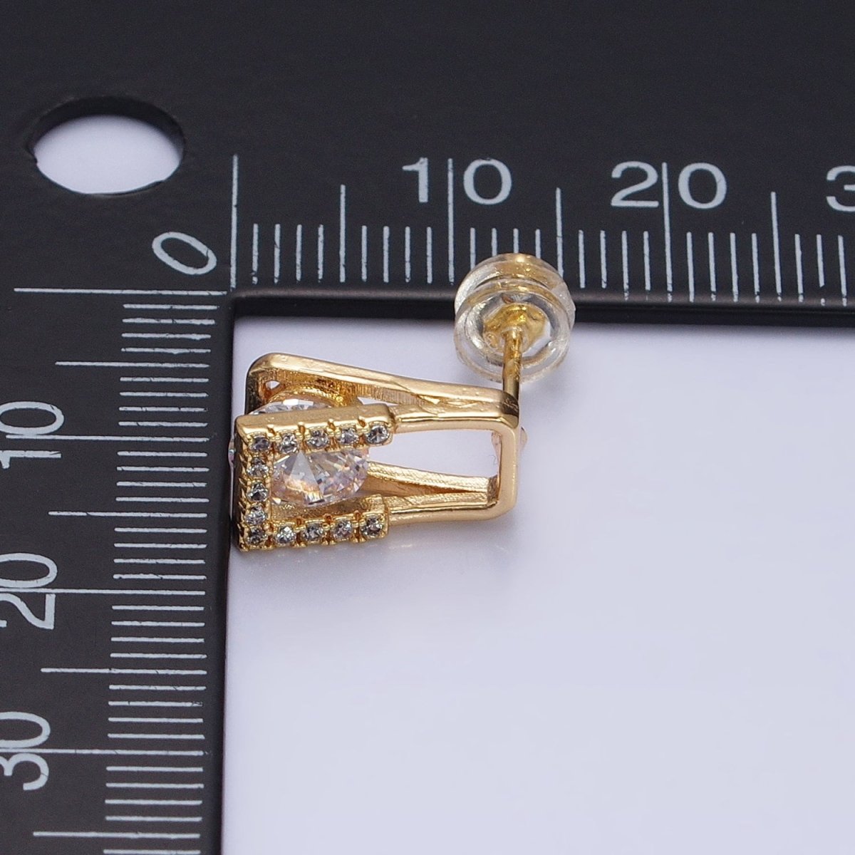 16K Gold Filled Clear CZ Round Micro Paved Open Rectangular Stud Earrings | AD943 AD944