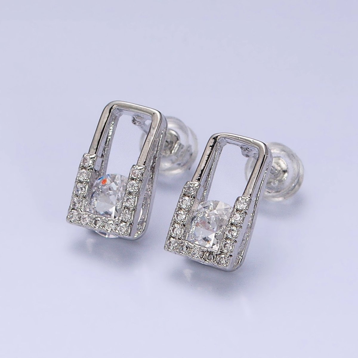 16K Gold Filled Clear CZ Round Micro Paved Open Rectangular Stud Earrings | AD943 AD944
