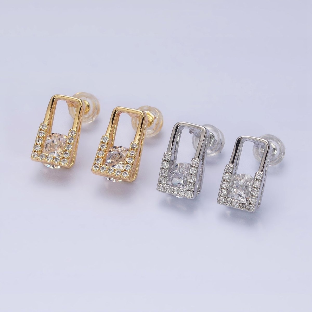 16K Gold Filled Clear CZ Round Micro Paved Open Rectangular Stud Earrings | AD943 AD944