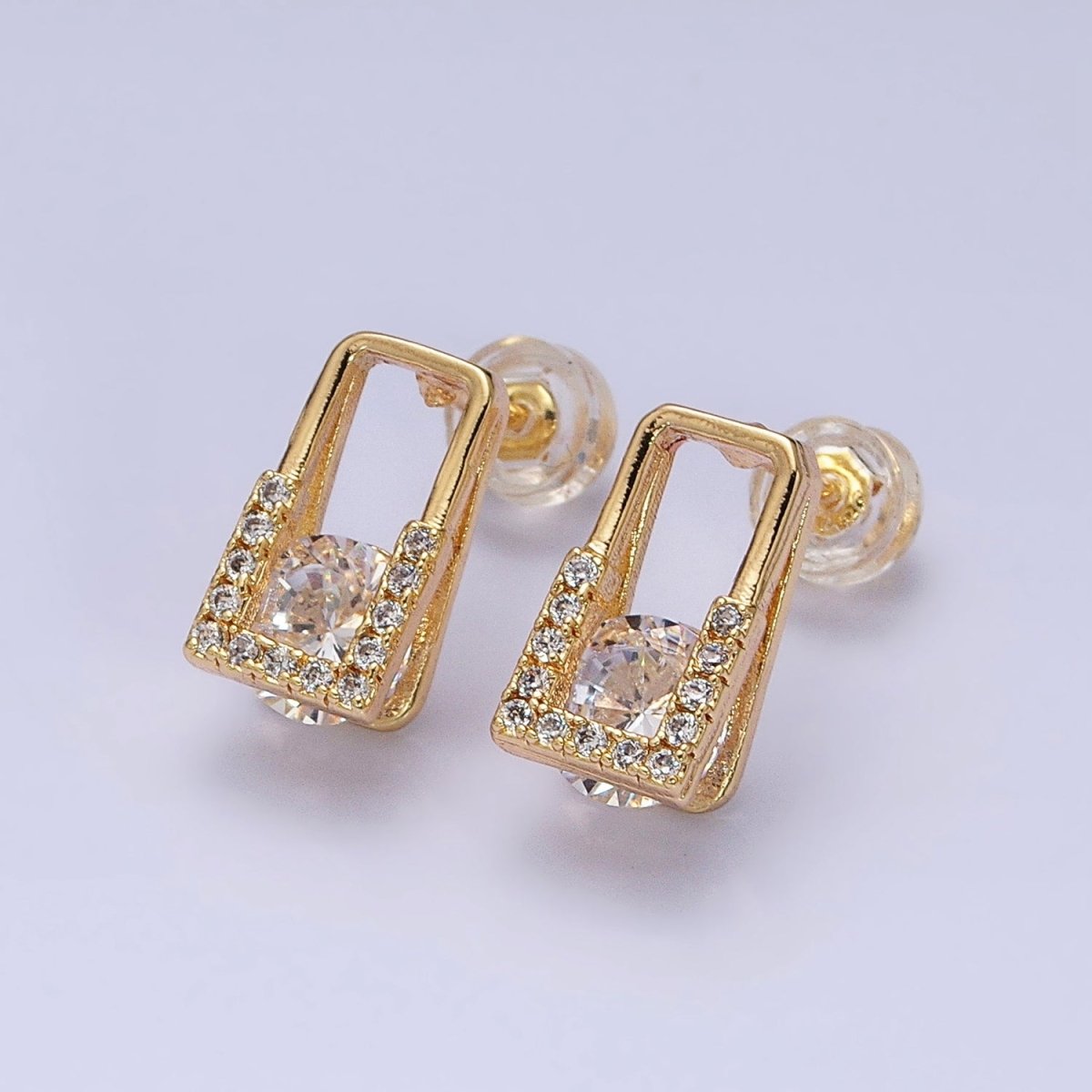 16K Gold Filled Clear CZ Round Micro Paved Open Rectangular Stud Earrings | AD943 AD944