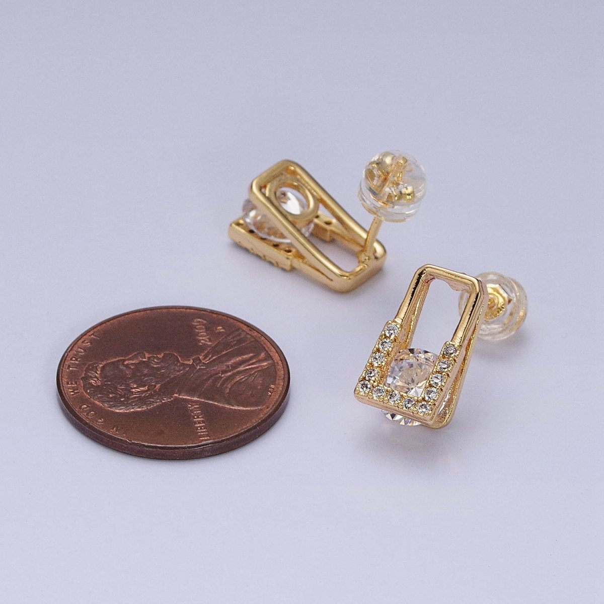 16K Gold Filled Clear CZ Round Micro Paved Open Rectangular Stud Earrings | AD943 AD944