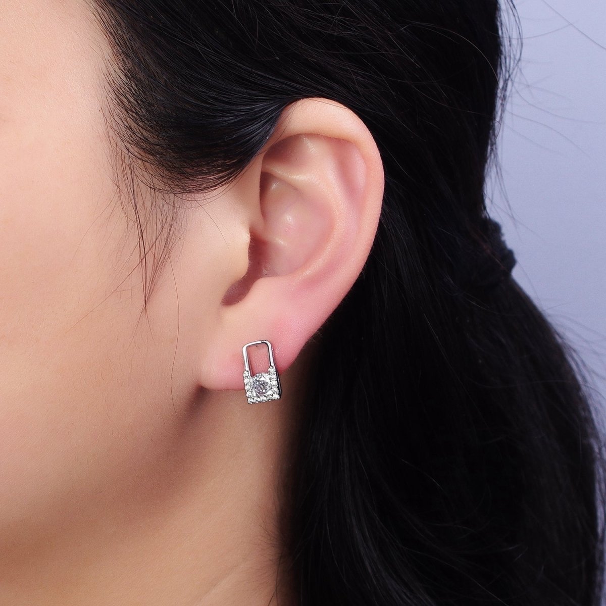 16K Gold Filled Clear CZ Round Micro Paved Open Rectangular Stud Earrings | AD943 AD944