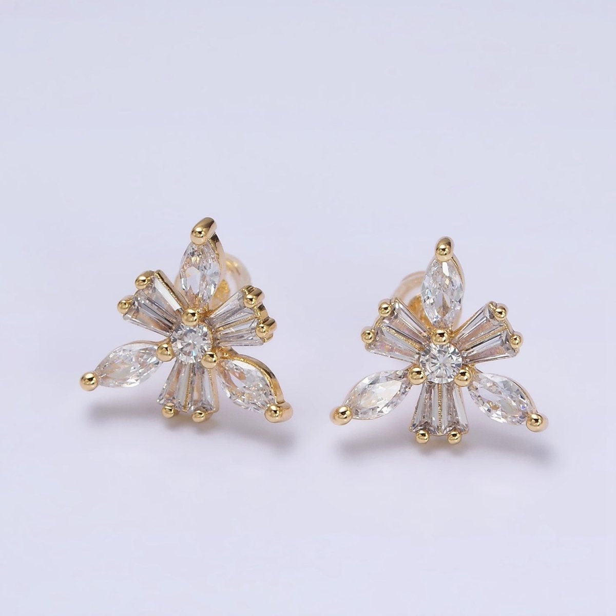 16K Gold Filled Clear CZ Snowflake Flower Baguette Marquise Stud Earrings in Gold & Silver | AD1237 AD1238