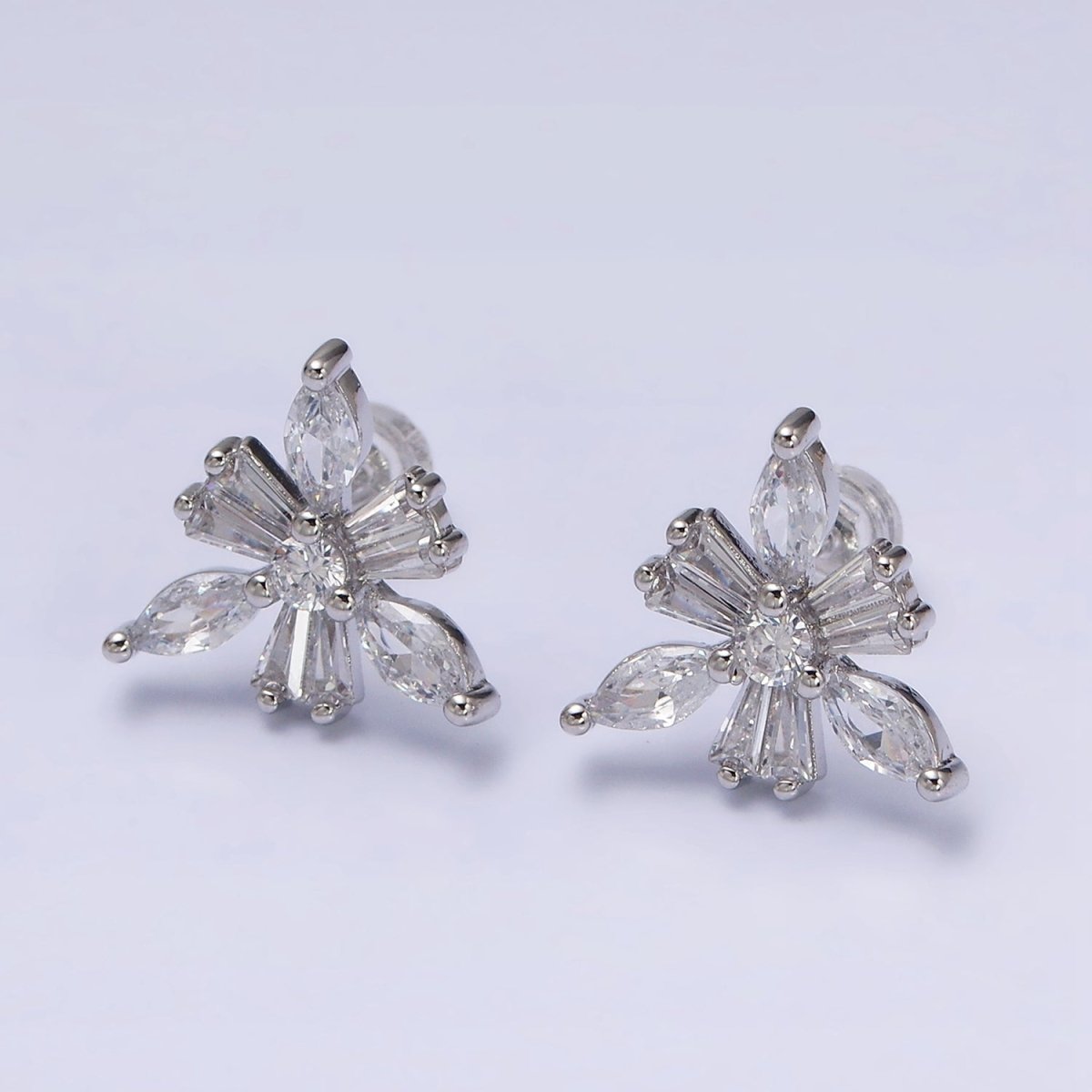 16K Gold Filled Clear CZ Snowflake Flower Baguette Marquise Stud Earrings in Gold & Silver | AD1237 AD1238