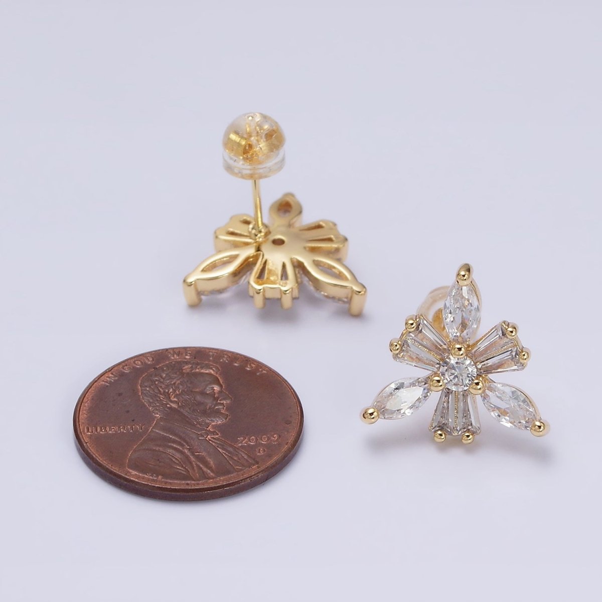 16K Gold Filled Clear CZ Snowflake Flower Baguette Marquise Stud Earrings in Gold & Silver | AD1237 AD1238